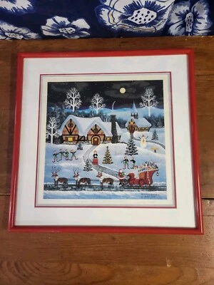 复古 90 年代 Jane Wooster Scott N Pole 倒计时圣诞印刷带框签名 21X21 — 第 1/4 张图片