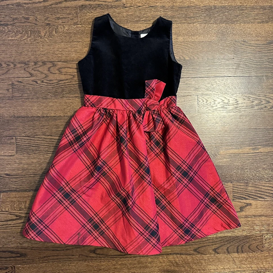 Gymboree Dressed Up Black Velvet And Satin Red Tartan Dress 7 Sleeveless - Image 1 of 3