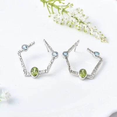 НАТУРАЛЬНЫЙ ПЕРИДОТ И СИНИЙ ТОПАЗ РОДИЯ PLATT ED 925 СЕРЕБРЯНЫЕ СЕРЬГИ ЮВЕЛИРНЫЙ ПОДАРОК - Изображение 1 из 4