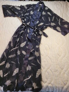 Judith Hart Robe Sz S Navy White Feather Chiffon Satin Long Sleeve Semi Sheer - Picture 1 of 8