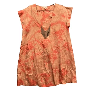 Joie Size S Peach Short Sleeve Short Dress Tunic Beaded Neckline Lagenlook - Picture 1 of 9