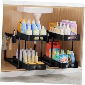 2 Pack Double Sliding Under Sink Organizers and Storage, 2 Tier Bathroom - Picture 1 of 7