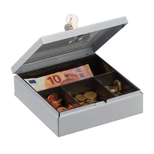 Locking Cash Box with Coin Tray and 2 Keys, Metal Case, Grey, 17x17 cm - Picture 1 of 10