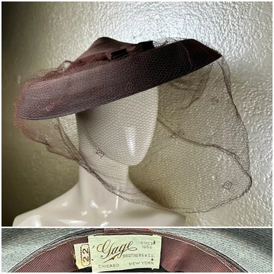 Sombrero GAGE BROTHERS de Colección Damas Años 40 Compañía Marrón Tejido Ala Ancha Con Red Foto 1 de 4