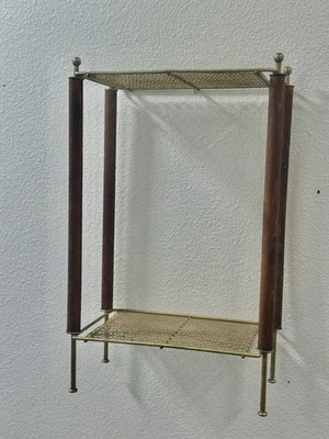 Abajur lateral vintage MCM metal atômico grade romana latão e teca quarto mesa planta - Imagem 1 de 4