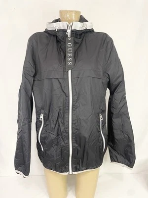 Guess Jacket M Medium 42” Black White Zipper Zip Hoodie Pockets Long Sleeve Flaw - Image 1 of 4