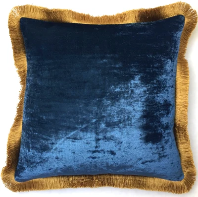 Anke Drechsel Kissen PLAIN Gold Franzen Cobalt Blau 100% Seiden Samt - Bild 1 von 4