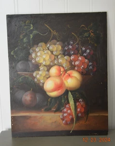 Antique Peaches Grapes Fruit Flemish 10”x 8” Still Life Painting on Wood Board - Picture 1 of 6