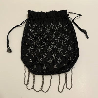 Antiguo Monedero Terciopelo Negro 8.5" Bolso de Mano Cuentas Cordón Foto 1 de 4