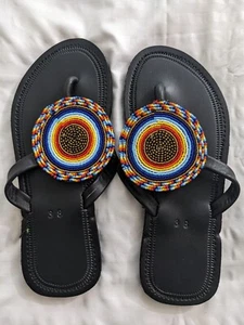 African Maasai Women Female Genuine Leather Beaded Flip-Flop Sandals BOHO 9.5 - Picture 1 of 11