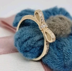 Genuine Pandora 14k Gold Sparkling Bow Stackable Ring  Size 56 💕 G585 ALE  - Picture 1 of 10