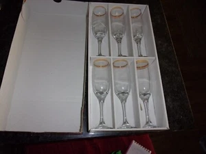 PARISIAN CIRCLEWARE SET OF 6 CHAMPAGNE FLUTES 6.5" GOLD RIM NEW IN BOX - Picture 1 of 5