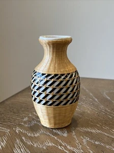 Vintage Hand Fine Woven Bamboo Wrapped Encased White Porcelain Small Vase 4” - Picture 1 of 10