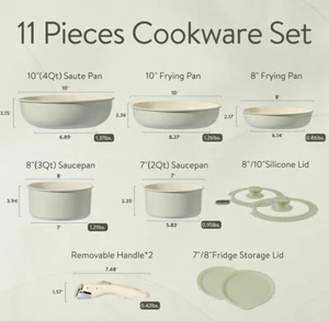 RV Camper Van Trailer Carote Green Removable Handle 11 Piece Set KitchenCookware - Picture 1 of 11