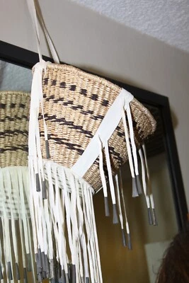 Vintage Lg Apache Burden Basket with Buckskin Handle Fringe and 48 Jingle Cones - Image 1 of 4