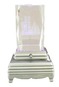 3D New York Twin Towers Color Changing Crystal Glass Cube LIGHTED Stand Pre 9-11 - Picture 1 of 12