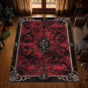 Gothic Rot Schwarz Verzierter Vorleger, Barock Vintage Stil Teppich, Dunkel Elegant Liv - Bild 1 von 12