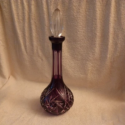  Crystal Wine Decanter Ruby/Cranberry Cut-to-Clear with Stopper - Image 1 of 4