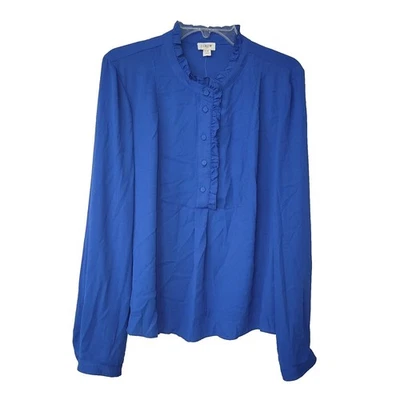 Blusa Top J Crew Mujer 14 Azul Real Volantes Cuello Botón Delantero Manga Larga Nueva Foto 1 de 4