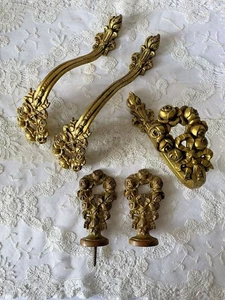 Antique French Gilded Bronze 5pc Set Curtain Tie Backs Finials 19thC Brass - Picture 1 of 9