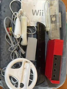 Lot NINTENDO WII RED CONSOLE RVL-001 w/Cables Remote Nunchuck Wheel Manual  - Picture 1 of 19
