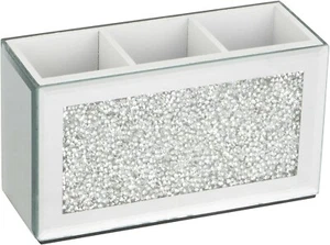 Mirrored Makeup Brush Holder Organiser with 3 Slots Crushed Diamond Beauty box - Picture 1 of 12