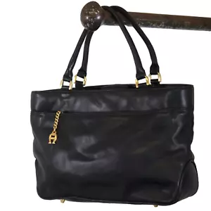 Etienne Aigner black leather purse hand bag vintage tote brass logo 1980s 1990s - Picture 1 of 6