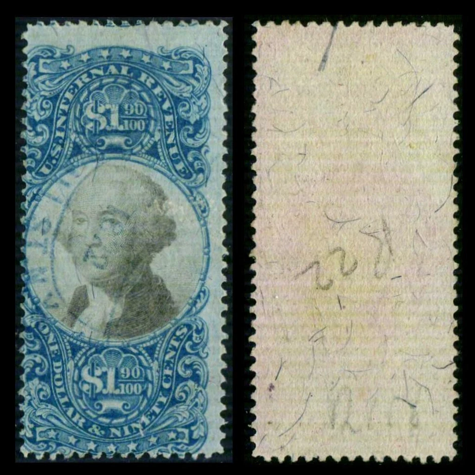 R122 REVENUE 2nd Issue $1.90 BLUE & BLACK Handstamped Cxl $550 SEE PHOTOS T-542 - Image 1 of 1
