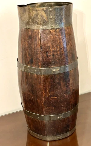 Antique Rustic Wood Barrel Umbrella Cane Stand with Brass Rings Cover