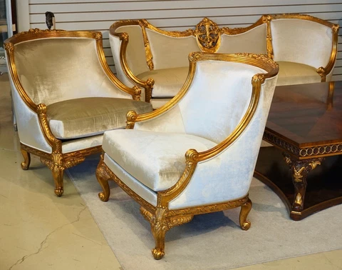 Pair of 2 French Gold Gilded Traditional Carved Arm Lounge Chairs White Velvet Cover