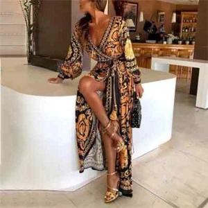 Women's Maxi Dress Long V Neck Long Sleeve Dress Casual Party Bohemian Dresses - Picture 1 of 24