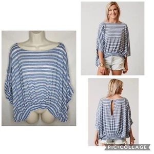 Free People Azelea Top Keyhole Back Blue White Crochet Stripe Linen Blend Size M - Picture 1 of 7