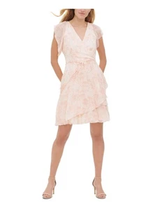 TOMMY HILFIGER Womens Pink Tie Lined Flutter Sleeve Faux Wrap Dress Petites 2P - Picture 1 of 9