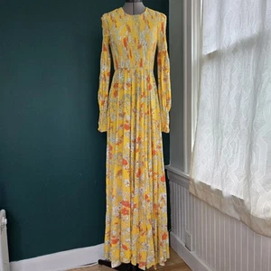 Young Innocent Arpeja Small Vtg Yellow Orange Floral Long Sleeve Maxi Dress - Picture 1 of 11
