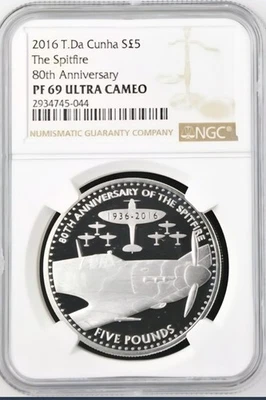 TOP POP - 2016 TDC T. DA CUNHA Silver £5 The Spitfire Fighter Plane Proof NGC 69 - Image 1 of 3