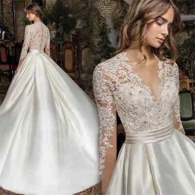 Elegantes vestidos de novia de satén manga larga apliques botones espalda vestidos de novia Foto 1 de 4