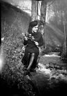 Young Woman Sitting Bouquet Flowers Creek - Negative Photo Antique An. 1940 50
