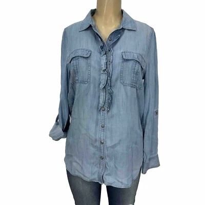 Talbots Blue Lyocell Roll Sleeve Blouse Shirt Womens Size M Casual Button Up Top - Image 1 of 4