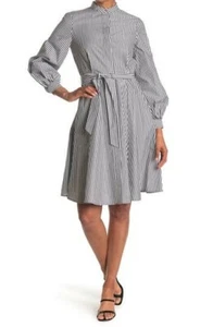 NWT CALVIN KLEIN Gray Black White Striped Belted Fit Flare Shirt Dress M 10  - Picture 1 of 7