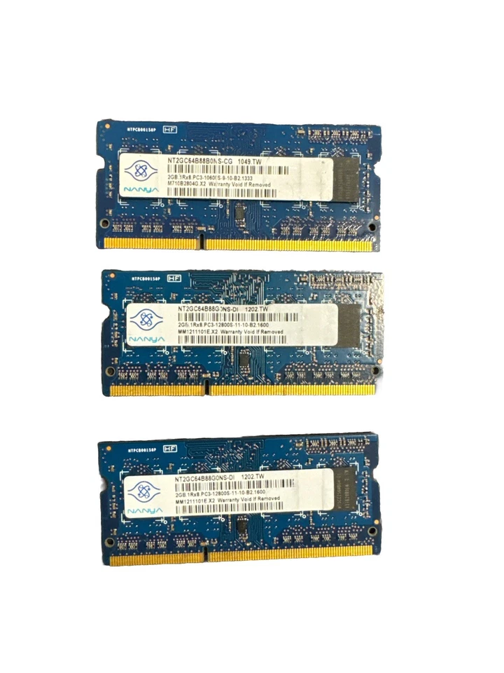 3xNanya  2GB 1Rx8 PC3-12800 DDR3 SODIMM Laptop Memory RAM NT2GC64B88G0NS-DI - Image 1 of 2