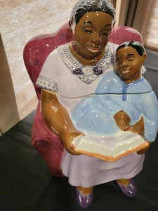 Vintage 1999 Bedtime Story Clay Art Cookie Jar Woman Reading To Son 10.75" Tall - Picture 1 of 12