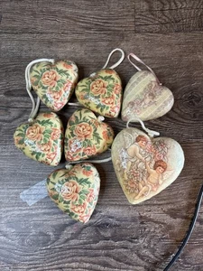 paper-mâché vintage shabby chic Lot 7 Heart ornaments Holiday Rose Cherub - Picture 1 of 5