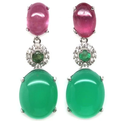 Thai Handgefertigt 10 x 13 Mm. Grüner Achat, Rubin,Smaragd & Zirkonia Ohrringe - Bild 1 von 4