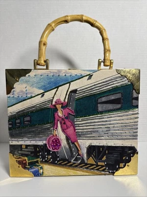 Cute Bueno Cigar Box Handled Purse Beaded Train Travel Lined Black & White Dots - Image 1 of 4