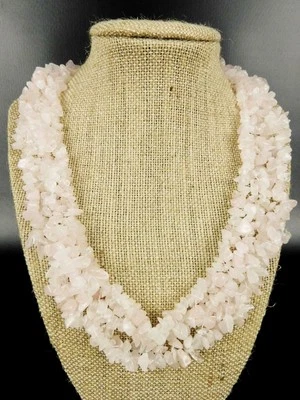 Collar de Cuarzo Rosa Natural Triple Hilo Inoxidable 18" 144 gm Foto 1 de 4