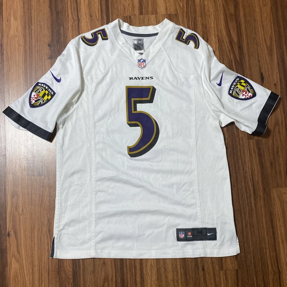巴尔的摩乌鸦队球衣男式 M 白色 NFL 足球 Joe Flacco #5 耐克聚酯纤维 — 第 1/4 张图片