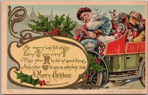 Postal de NAVIDAD de 1908 SANTA CLAUS conduciendo un coche "Sé feliz y lleno de alegría" - Imagen 1 de 2