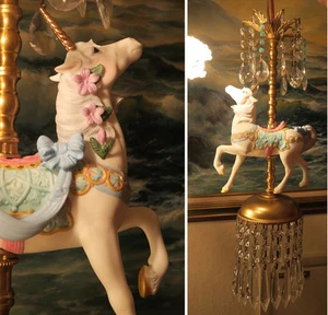 White porcelain Carousel Unicorn Carousel Lamp SWAG Chandelier Vintage Horse Bow - Picture 1 of 12