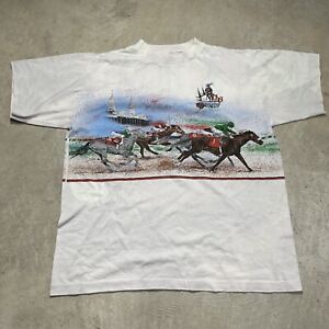 VTG 1990 90s Kentucky Derby Wrap Around Graphic T shirt Adult White Horse Racing