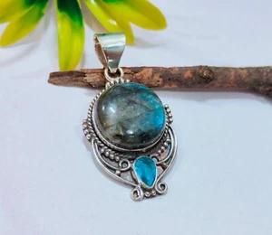 Designer Labradorite Gemstone Pendant 925 Sterling Silver Beautiful Pendant PD21 - Picture 1 of 4